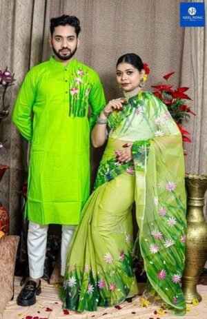 এক্সক্লুসিভ হ্যান্ড প্রিন্টেড কালারফুল ম্যাচিং কাপল শাড়ি অ্যান্ড পাঞ্জাবি সেট