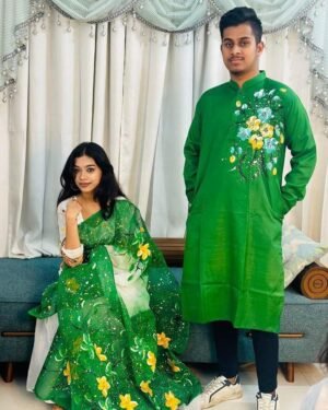 এক্সক্লুসিভ হ্যান্ড প্রিন্টেড কালারফুল ম্যাচিং কাপল শাড়ি অ্যান্ড পাঞ্জাবি সেট