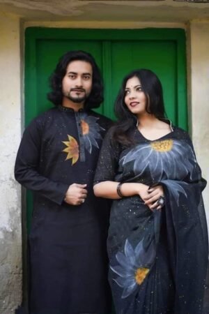 এক্সক্লুসিভ হ্যান্ড প্রিন্টেড কালারফুল ম্যাচিং কাপল শাড়ি অ্যান্ড পাঞ্জাবি সেট