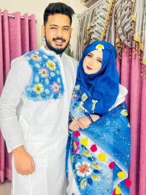 এক্সক্লুসিভ হ্যান্ড প্রিন্টেড কালারফুল ম্যাচিং কাপল শাড়ি অ্যান্ড পাঞ্জাবি সেট