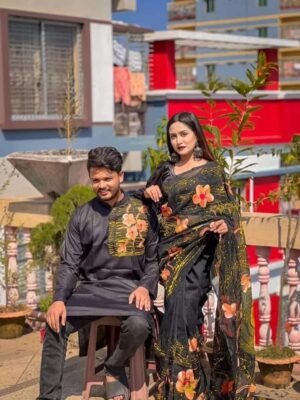 এক্সক্লুসিভ হ্যান্ড প্রিন্টেড কালারফুল ম্যাচিং কাপল শাড়ি অ্যান্ড পাঞ্জাবি সেট