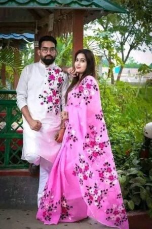 এক্সক্লুসিভ হ্যান্ড প্রিন্টেড কালারফুল ম্যাচিং কাপল শাড়ি অ্যান্ড পাঞ্জাবি সেট