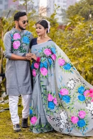 এক্সক্লুসিভ হ্যান্ড প্রিন্টেড কালারফুল ম্যাচিং কাপল শাড়ি অ্যান্ড পাঞ্জাবি সেট