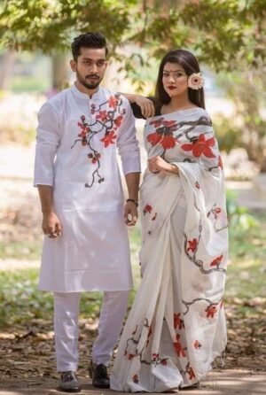 এক্সক্লুসিভ হ্যান্ড প্রিন্টেড কালারফুল ম্যাচিং কাপল শাড়ি অ্যান্ড পাঞ্জাবি সেট