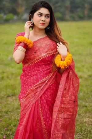 প্রিমিয়াম সেমি মসলিন শাড়ী + ম্যাচিং ব্লাউজ পিচ (Code#SM-414)